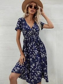 SHEIN Clasi Floral Shirred Waist Dress Maxi Women Outfit - Navy Blue - View 1