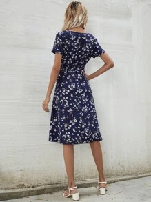 SHEIN Clasi Floral Shirred Waist Dress Maxi Women Outfit - Navy Blue - View 2