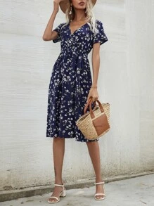 SHEIN Clasi Floral Shirred Waist Dress Maxi Women Outfit - Navy Blue - View 5