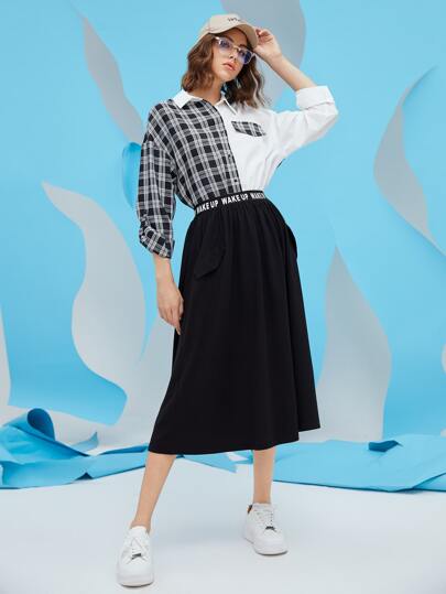 Mulvari Plaid Panel Drop Shoulder Button Up Shirt