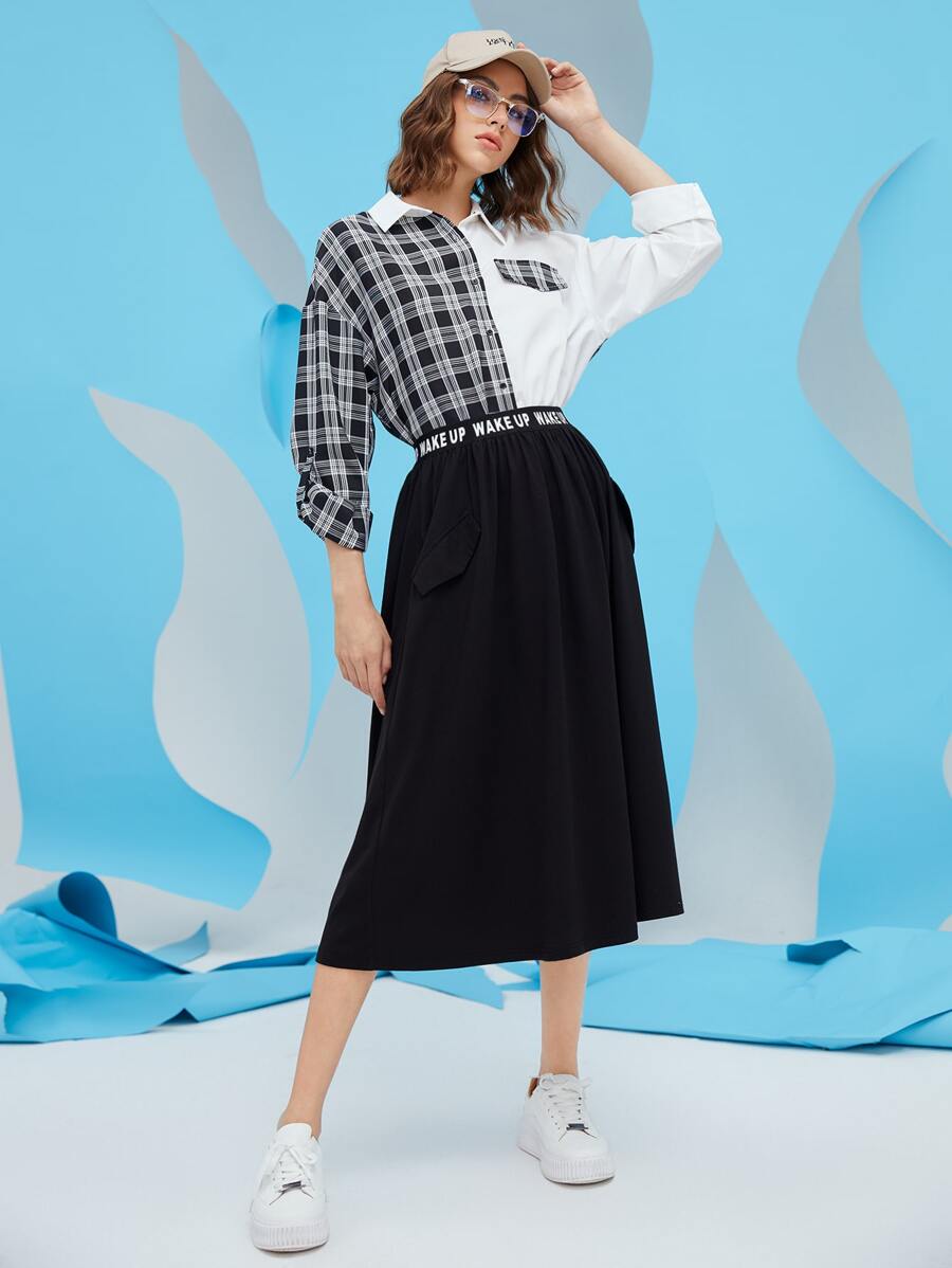 Mulvari Plaid Panel Drop Shoulder Button Up Shirt - Black and White - View 1