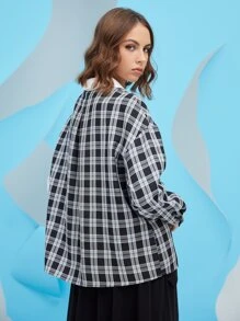 Mulvari Plaid Panel Drop Shoulder Button Up Shirt - Black and White - View 2