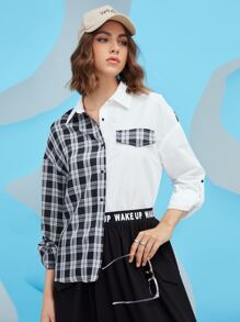 Mulvari Plaid Panel Drop Shoulder Button Up Shirt - Black and White - View 3