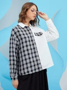 Mulvari Plaid Panel Drop Shoulder Button Up Shirt - Black and White - View 4