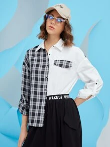 Mulvari Plaid Panel Drop Shoulder Button Up Shirt - Black and White - View 5