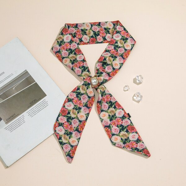 

1pc Flower Print Twilly Scarf & 1pc Scarf Buckle, Multicolor
