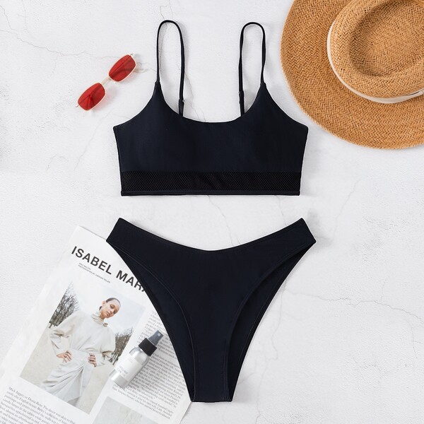 

Contrast Fishnet High Cut Bikini Swimsuit, Black