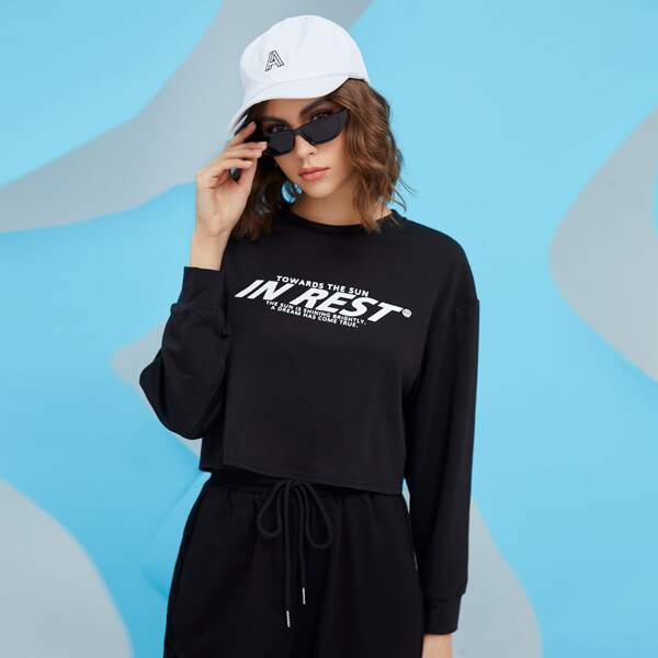 

Slogan Graphic Drop Shoulder Pullover, Black
