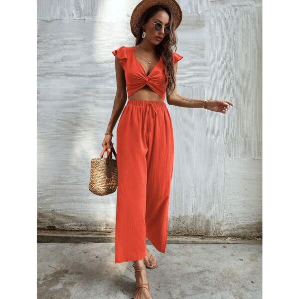 

Ruffle Trim Twist Top With Pants, Orange