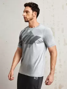 Manfinity Fitness Playera deportiva para hombre con estampado geométrico, camiseta deportiva para entrenamiento - Gris Claro - Ver 3