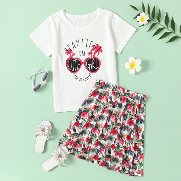 

Girls Letter Graphic Tee With Tropical Print Skirt, Multicolor