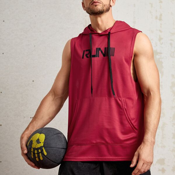 

Men Letter Graphic Drawstring Hooded Sports Tank Top, Burgundy