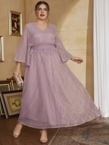 Modelyn Plus Geo Print Tie Back A-line Dress - Mauve Purple - View 3