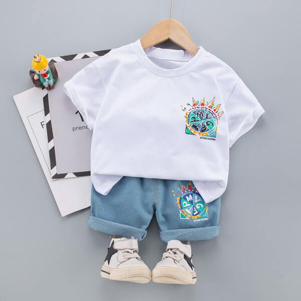

Toddler Boys Graphic Print Tee & Denim Shorts, Blue and white