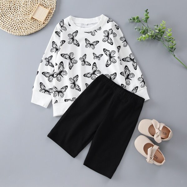 

Toddler Girls Butterfly Print Sweatshirt & Biker Shorts, Black and white