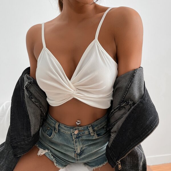 

Twist Front Ribbed Crop Cami Top, White