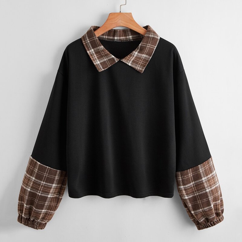 

Contrast Plaid-collar Sweatshirt, Black