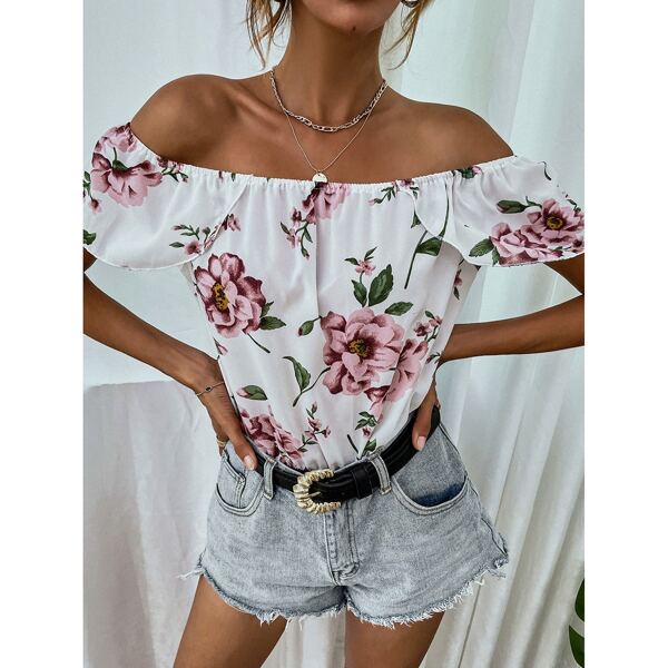 

Floral Print Off The Shoulder Bodysuit, White