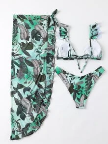 3packs Tropical Ruffle Bikini Set & Beach Skirt - Multicolor - View 5