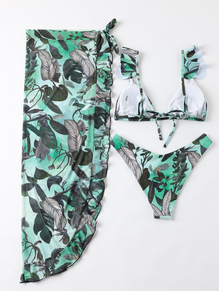 Conjunto de 3 paquetes de bikini con ribetes tropicales y falda de playa - Multicolor - Añade 5