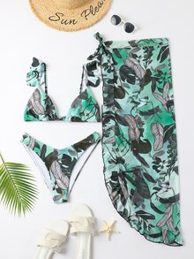 3packs Tropical Ruffle Bikini Set & Beach Skirt - Multicolor - View 7