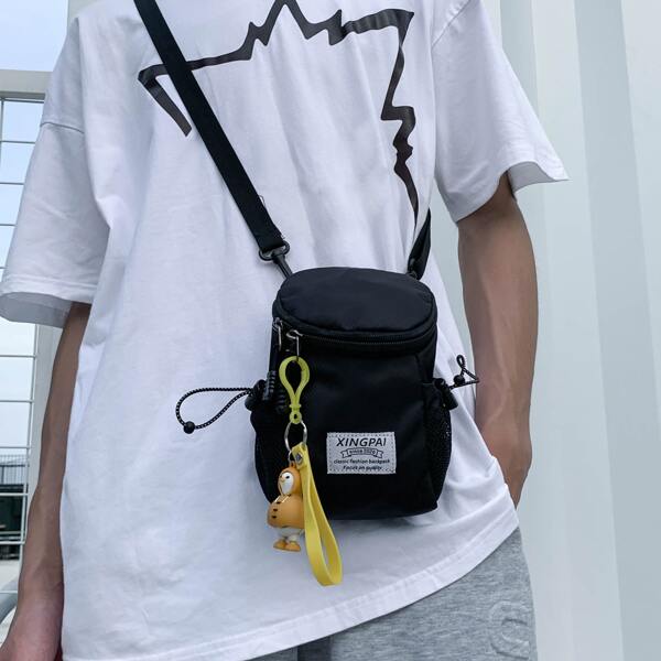 

Men Cartoon Charm Drawstring Decor Crossbody Bag, Black