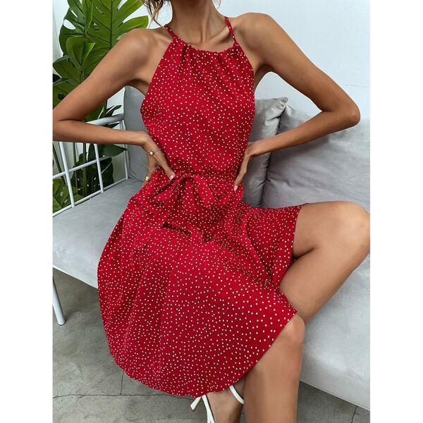 

Ditsy Floral Belted Halter Dress, Burgundy