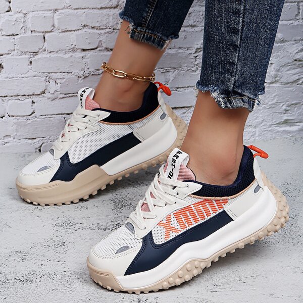 

Color Block Lace-up Front Sneakers, Beige