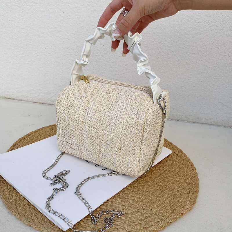 

Ruched Handle Straw Bag, Beige
