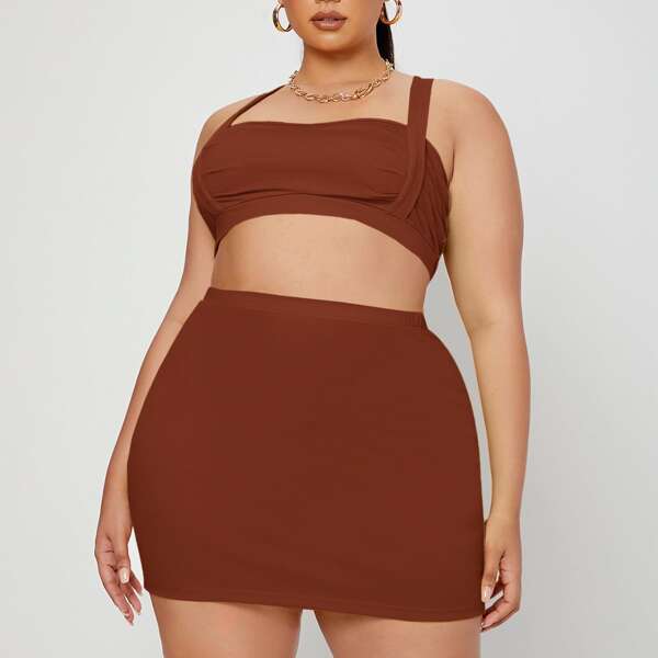

Plus Criss Cross Cami Top With Skirt, Coffee brown
