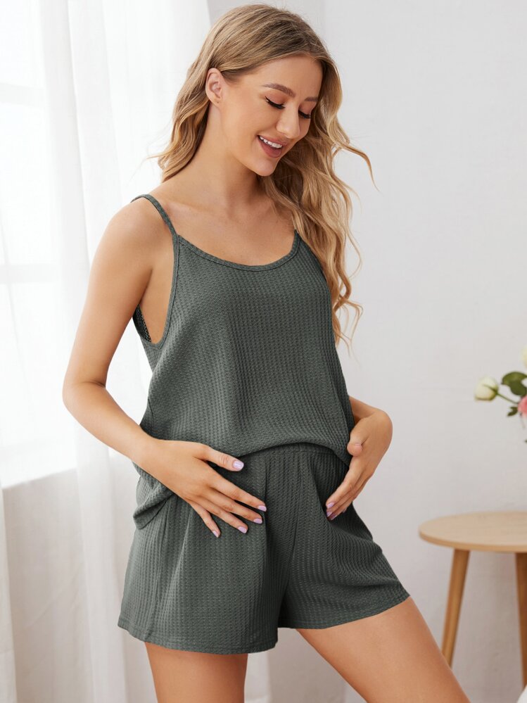 SHEIN 孕婦素色華夫格編織吊帶上衣和可調節鈕扣短褲睡衣套裝 - 深灰色 - 查看 4