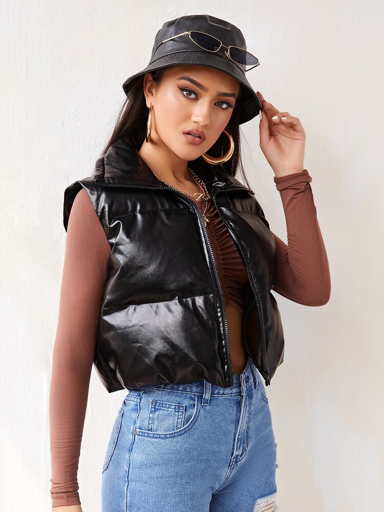 SHEIN Zip Front PU Leather Puffer Gilet - Black - View 4