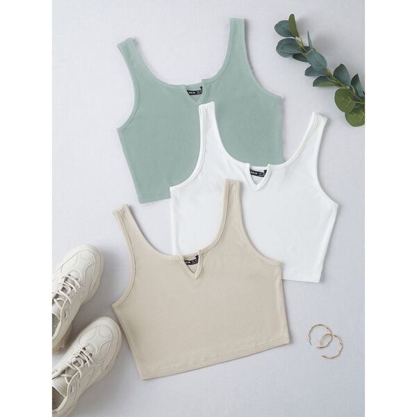 

Plus 3pcs Crop Rib Knit Notched Tank Top, Multicolor