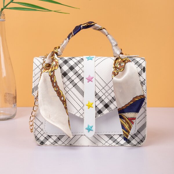 

Twilly Scarf Decor Tartan Satchel Bag, Beige