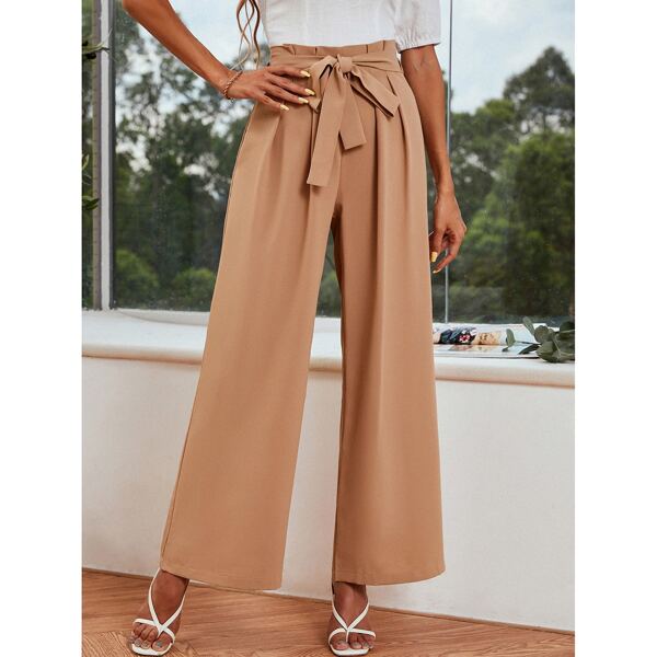 

Self Tie Paperbag Waist Wide Leg Pants, Khaki