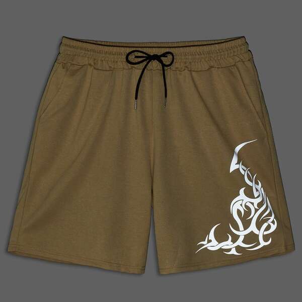 

Men Reflective Graphic Print Drawstring Waist Track Shorts, Khaki