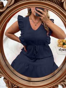 Breezaya 大碼素色荷葉邊連衣裙 - 藏蓝色 - 查看 1