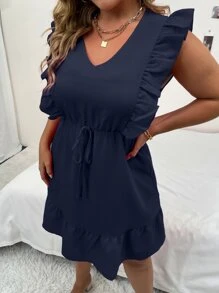 Breezaya 大碼素色荷葉邊連衣裙 - 藏蓝色 - 查看 3