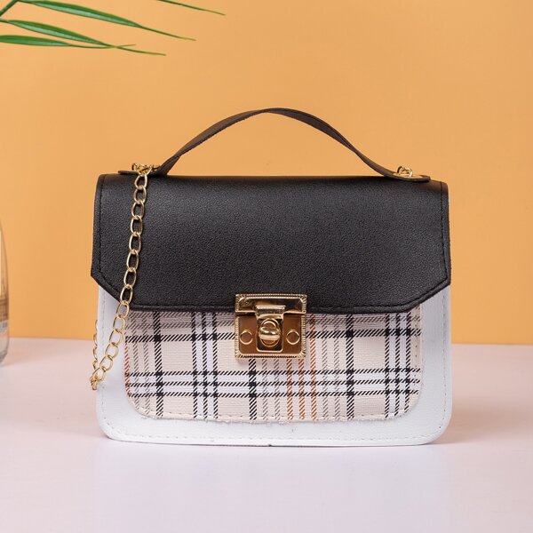 

Plaid Pattern Twist Lock Chain Satchel Bag, Black