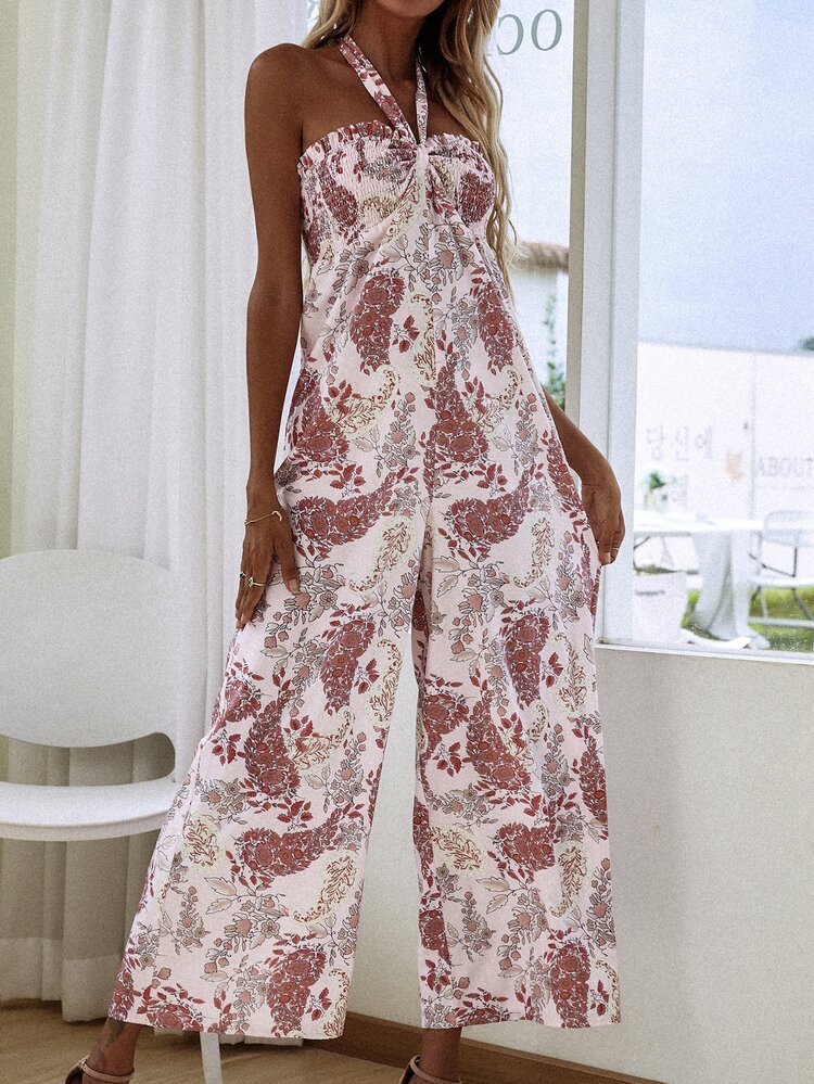 Jumpsuit halter con estampado floral con fruncido - Rosa - Añade 4