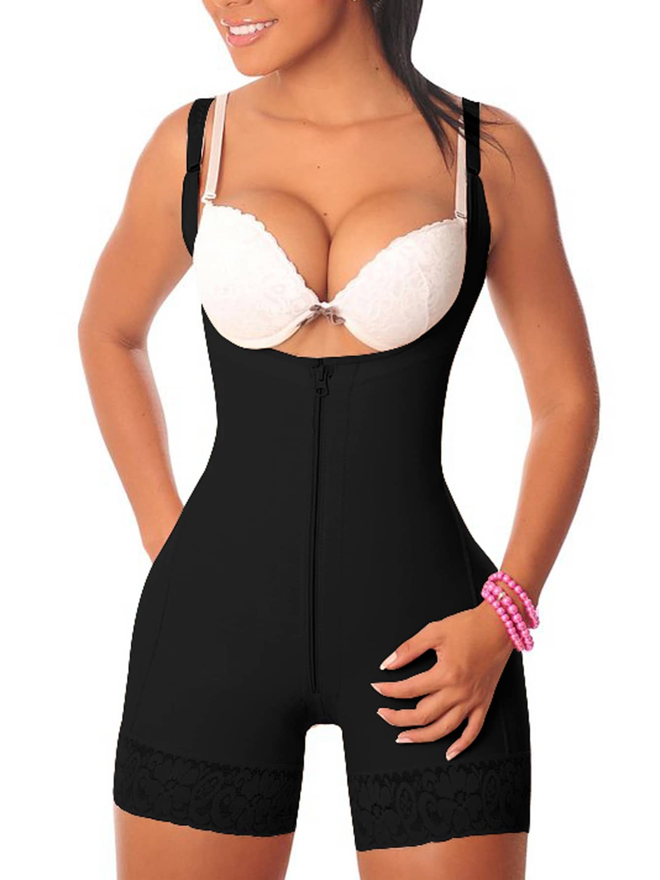 Zip Front Lace Trim Shapewear Bodysuit - Black - View 1