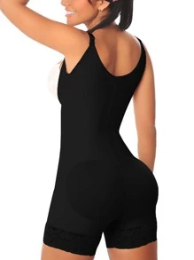 Zip Front Lace Trim Shapewear Bodysuit - Black - View 2