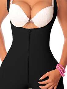 Zip Front Lace Trim Shapewear Bodysuit - Black - View 3