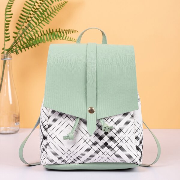 

Plaid Pattern Drawstring Design Flap Backpack, Green