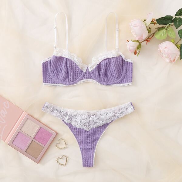 

Contrast Lace Rib Underwire Lingerie Set, Purple