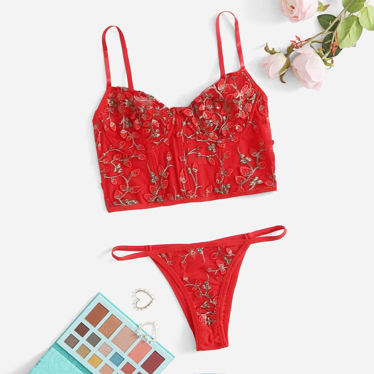 

Embroidered Mesh Underwire Lingerie Set, Red