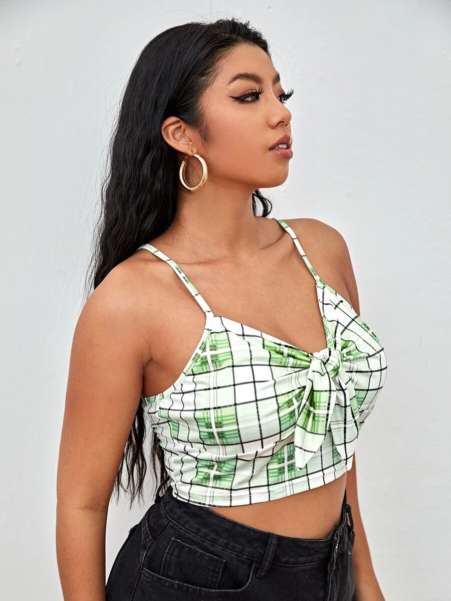 SHEIN Plus Plaid Knot Front Crop Cami Top - Multicolor - View 1