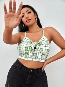 SHEIN Plus Plaid Knot Front Crop Cami Top - Multicolor - View 3