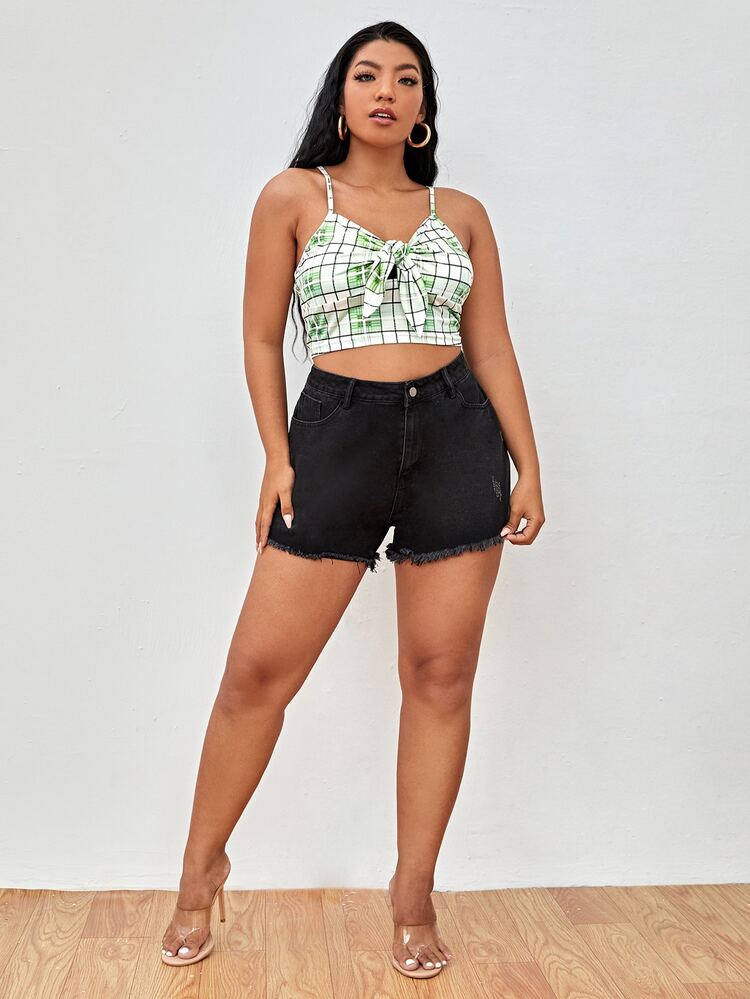 SHEIN Plus Plaid Knot Front Crop Cami Top - Multicolor - View 5