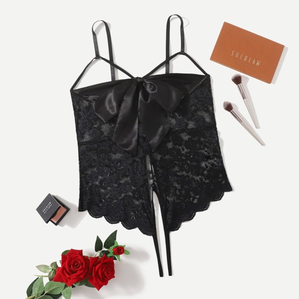 

Plus Floral Lace Bow Front Crotchless Teddy Bodysuit, Black